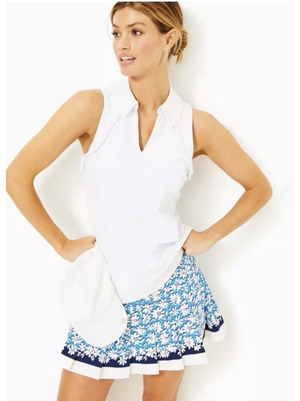 Lilly Pulitzer White UPF 50+ Luxletic Martina Polo Ruffle Top Women’s L EUC